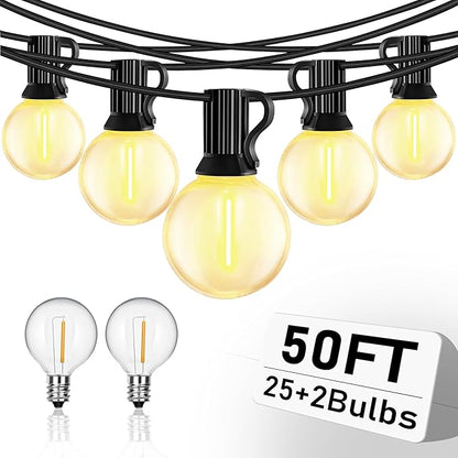 Abeja 50FT Globe Led Outdoor String Lights, Shatterproof Outdoor Patio String Lights with with 25 +2 LED Plastic Clear Bulbs, Hanging Bistro Light Waterproof for Café Bistro Pergola Tents-Black Wire