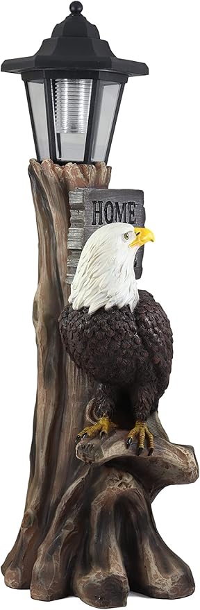 Ebros Home of The Brave Patriotic American Bald Eagle Perching On Tree Stump Garden Courtesy Night Light Statue Solar LED Lantern Lamp Guest Greeter Decor for Patio Poolside Home Figurine
