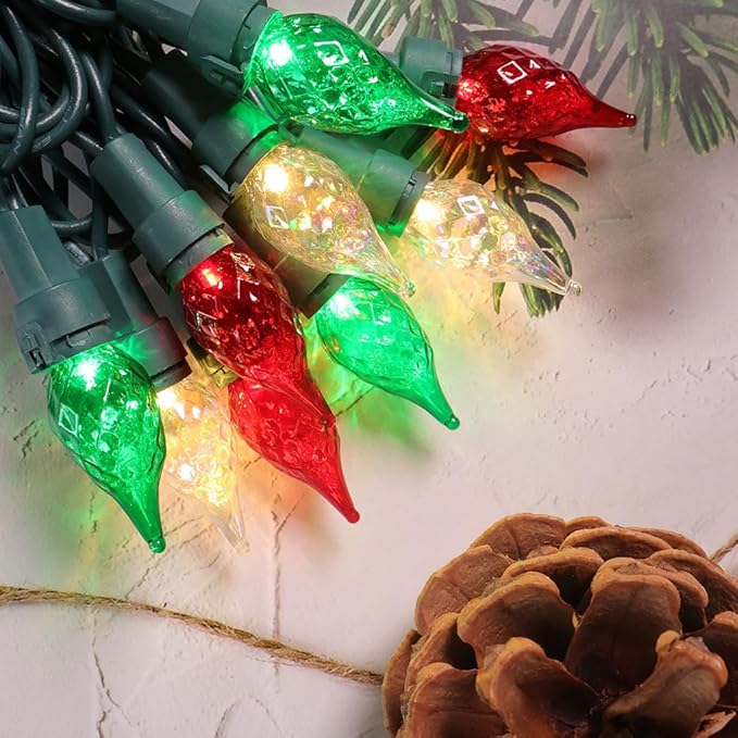 Red White and Green Christmas Lights C5 Glass 50 LED 13.5ft Plug in mini Warm String Lights ETL Certified Waterproof for Indoor/Outdoor Christmas Tree Holiday Decorations Connect Up to 36 Strands
