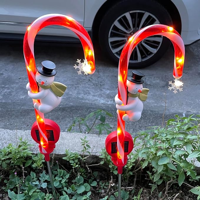 2 Pieces Set 27 Inch Christmas Solar Snowman Candy Cane Lights Pathway Markers Waterproof Outdoor Landscape Lights Decor Garden Spotlights for Xmas Party Lawn Wedding Festival CCN2