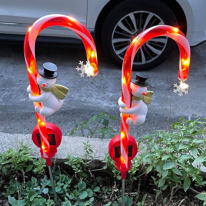 2 Pieces Set 27 Inch Christmas Solar Snowman Candy Cane Lights Pathway Markers Waterproof Outdoor Landscape Lights Decor Garden Spotlights for Xmas Party Lawn Wedding Festival CCN2
