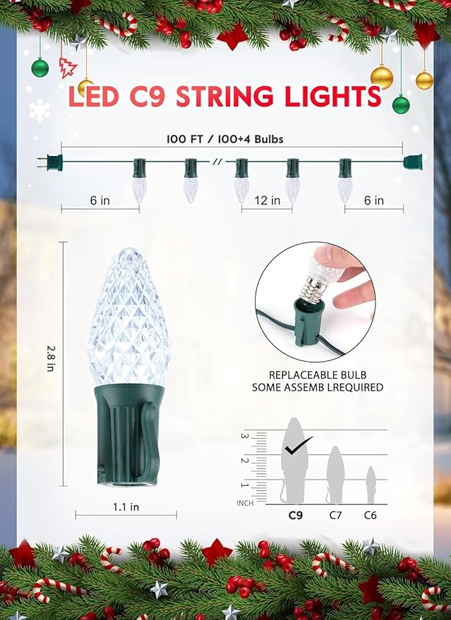 Minetom C9 Christmas Lights Outdoor, 100FT 100 LED Waterproof Strawberry String Lights, UL Certified, Connectable Green Wire Lights String for Outdoor Indoor Patio Party Roofline Backyard Xmas Decor