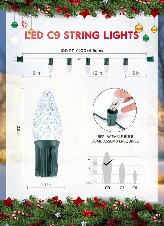 Minetom C9 Christmas Lights Outdoor, 100FT 100 LED Waterproof Strawberry String Lights, UL Certified, Connectable Green Wire Lights String for Outdoor Indoor Patio Party Roofline Backyard Xmas Decor