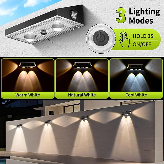 Solar Fence Lights Outdoor,3CCT Warm White Cool White 3-Way Solar Deck Lights IP65 Waterproof Fence Light for Outside Stairs Backyard (12Packs)