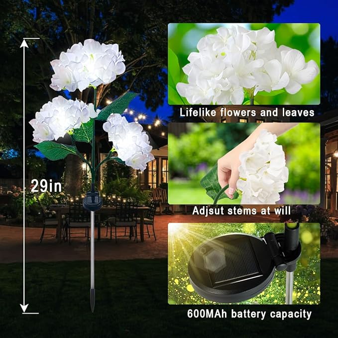 Aolyty Solar Garden Lights Outdoor, Solar Hydrangea Lights IP65 Waterproof LED Flowers Stake Lights 2 Pack for Garden Pathway Patio Backyard Landscape Decorative (White)
