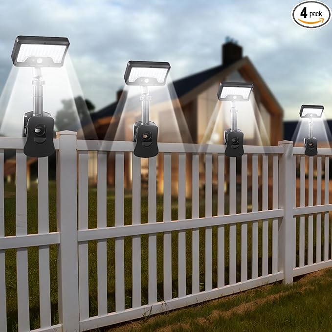Clip On Solar Lights Outdoor with Motion Sensor, 360°Rotatable & Vertically Adjustable Solar Fence Lights with 92 LEDs (600 LM, 6000 K),IP65 waterproof Security light for deck, Gutter, Camping(4 Pack)