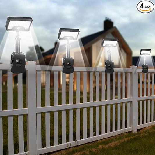 Clip On Solar Lights Outdoor with Motion Sensor, 360°Rotatable & Vertically Adjustable Solar Fence Lights with 92 LEDs (600 LM, 6000 K),IP65 waterproof Security light for deck, Gutter, Camping(4 Pack)