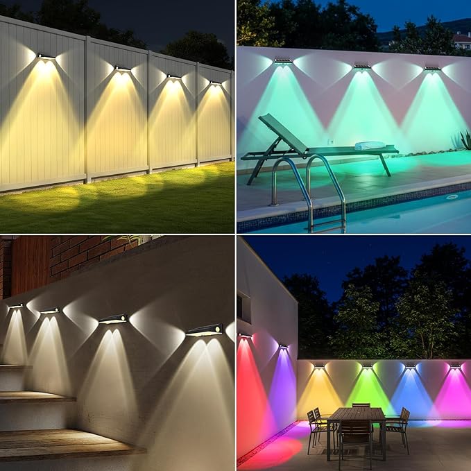 OUTON Solar Fence Lights Outdoor 8 Pack, 10 RGBCW Lighting Modes LED Deck Lights, 3-Way 50LM Dusk to Dawn Solar Powered Wall Light, IP65 Waterproof Step Light for Fence Garden Backyard Gutter Patio
