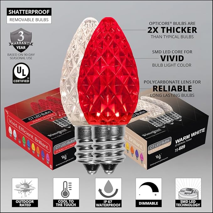 Wintergreen Lighting 100 Red and Warm White C7 OptiCore Outdoor Christmas Lights Heavy Duty - Outside Christmas Lights LED; Green Wire (100 ft)