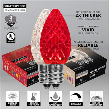 Wintergreen Lighting 100 Red and Warm White C7 OptiCore Outdoor Christmas Lights Heavy Duty - Outside Christmas Lights LED; Green Wire (100 ft)