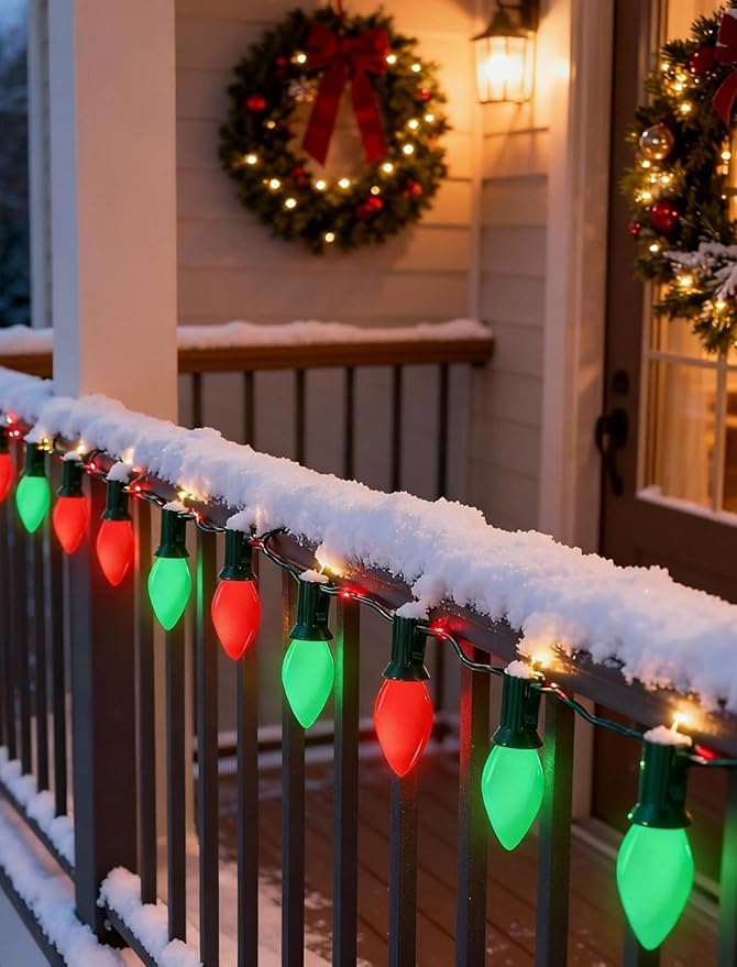 C7 Outdoor Christmas Lights - 25ft Red and Green Christmas Lights with 27 Ceramic Bulbs(2 Spare), Waterproof Extendable Christmas Tree Lights for Indoor Party Backyard Xmas Light,Green Wire