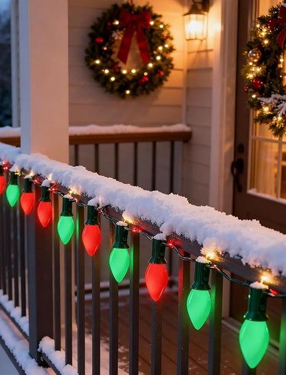 C7 Outdoor Christmas Lights - 25ft Red and Green Christmas Lights with 27 Ceramic Bulbs(2 Spare), Waterproof Extendable Christmas Tree Lights for Indoor Party Backyard Xmas Light,Green Wire