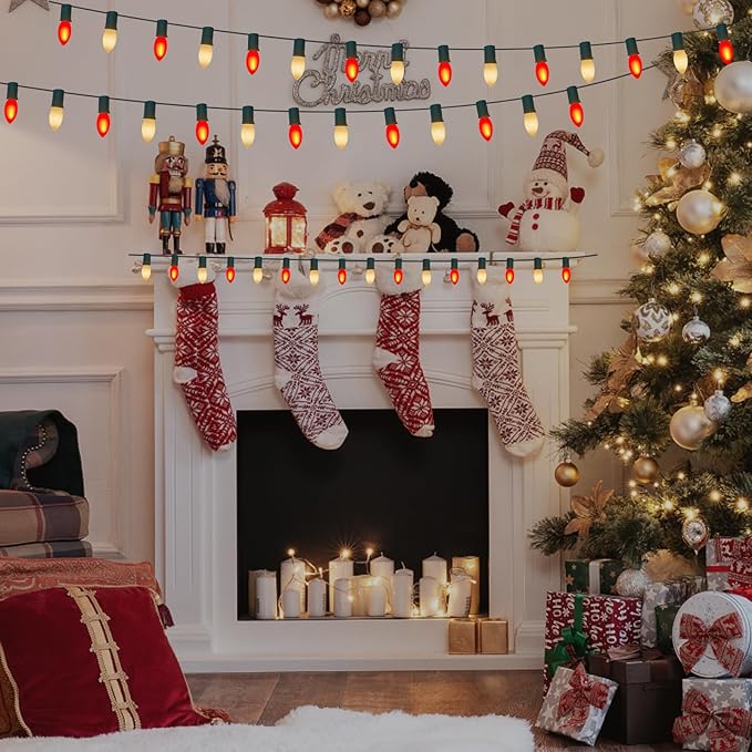 C9 Christmas Lights Outdoor 25Ft Red/White Christmas with 27 Ceramic Red/White Bulbs(1 Spare), Vintage Colorful String Lights for Garden Wedding Party Xmas Decorations