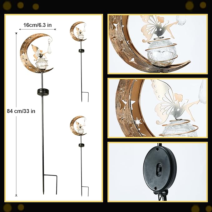 LOVERUIS Solar Garden Lights Outdoor Fairy Moon Lamp Waterproof Moon Garden Solar Light with Crackle Glass Ball LED Stake Lights Angel Decorative for Grave Balcony Lawn Patio Pathway (ARS-XIANNV)