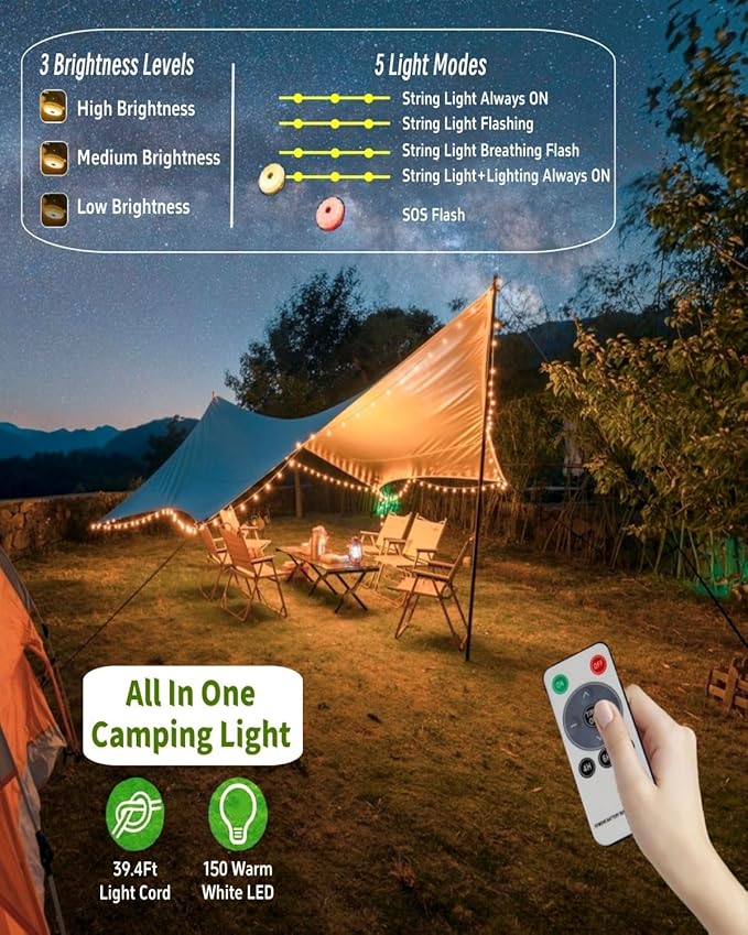 Solar Camping String Lights, 39.4 FT Fairy String Light, 4 in 1 Portable Waterproof Camp Lamp with 8 Lighting | Lumora