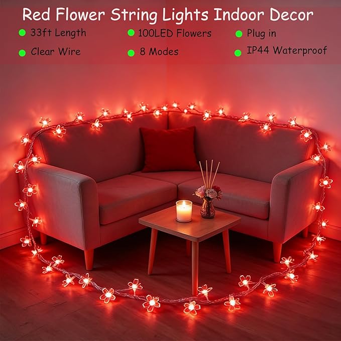100 LED Red Cherry Blossom Flowrer String Lights, 33 FT Plug in Fairy Floral Lamp with 8 Modes, Flexible Clear Wire | Lumora