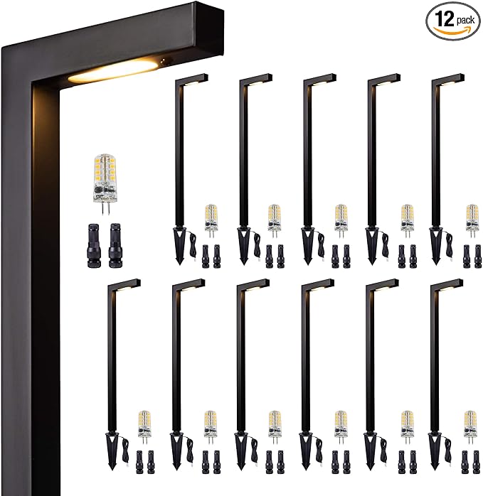 Gardenreet Brass Low Voltage Landscape Path Lights, Black Wired Pathway Lights, Outside IP65 LED Bronze L Shape Driveway Lights for Backyard Garden House with 3W 270LM 5000K G4 Bulb 12 Pack