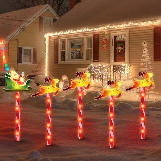 LAMPHOME Christmas Pathway Lights Outdoor, 5PCS Santa Sleigh Markers Christmas Decorations Outdoor Yard, Pathway Marker Stake Lights for Patio Ground Path Sidewalk Walkway Driveway