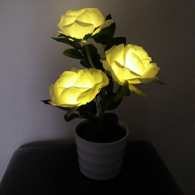 LED Solar Power Decorative Artificial Rose Flower Pot Plant Landscape Light Night Lamp Outdoor Garden Yard Pathway Lawn Grassland Yellow