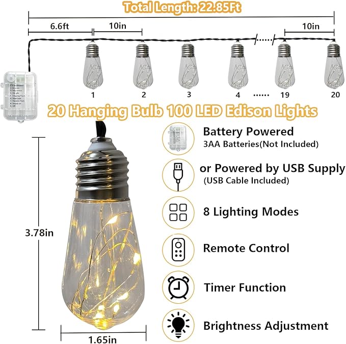 Battery Operated String Lights Outdoor, 22.85FT 20 Vintage Edison Hanging Bulb 100 LED String Lights Indoor Light String with Timer, Patio Outdoor Light for Camping Awning Porch Balcony Party Decor