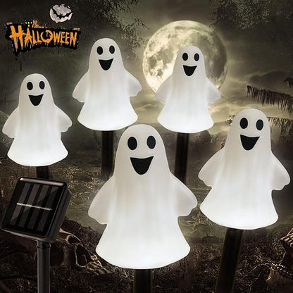 Solar Halloween Ghost Pathway Lights Decorations, Halloween Ghost Stake, Lighted 3D Ghost Outdoor Waterproof for Garden, Pathway and Yard Decoration (White, 5 Pack)