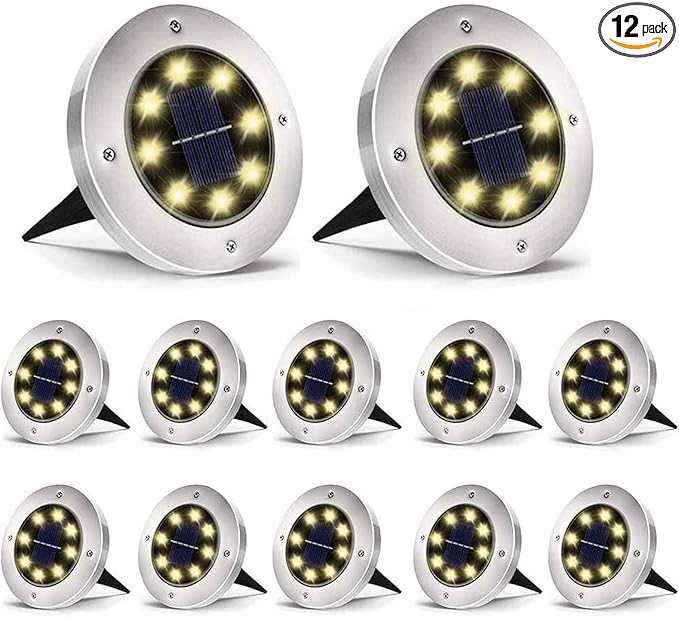 Aogist Solar Ground Lights - 12 Pack, 8 LED, Waterproof Outdoor Disk Lights for Pathway, Yard, Walkway, Patio, Lawn | Lumora