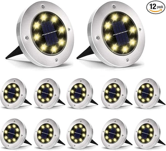 Aogist Solar Ground Lights - 12 Pack, 8 LED, Waterproof Outdoor Disk Lights for Pathway, Yard, Walkway, Patio, Lawn Path (Warm White)