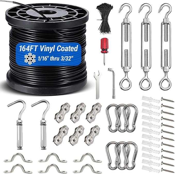 String Light Hanging Kit with 164FT Vinyl Coated 304 Stainless Steel Wire Rope, Globe String Light Suspension Kit | Lumora