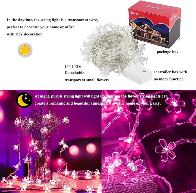 33ft 100 LED Connectable Fairy Pink Flower String Lights 8 Modes for Valentine's Day Wedding Party Christms Decor, Light Up Romantic Bedroom Window Tree Home Indoor Outdoor Hanging Decorations