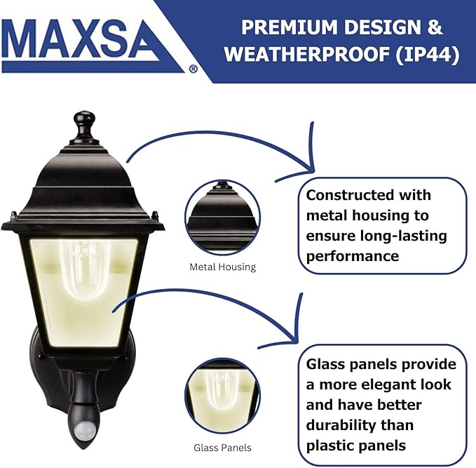 Maxsa 43319-RS Battery-Powered Motion-Activated Outdoor Wall Sconce, 3000K (Warm White), Black