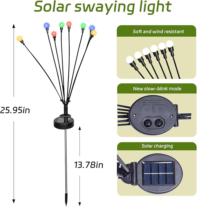 2 Packs Firefly Lights Solar Outdoor, 16 LED Multicolor Solar Walkway Lights Outdoor, Waterproof Garden Decor with | Lumora