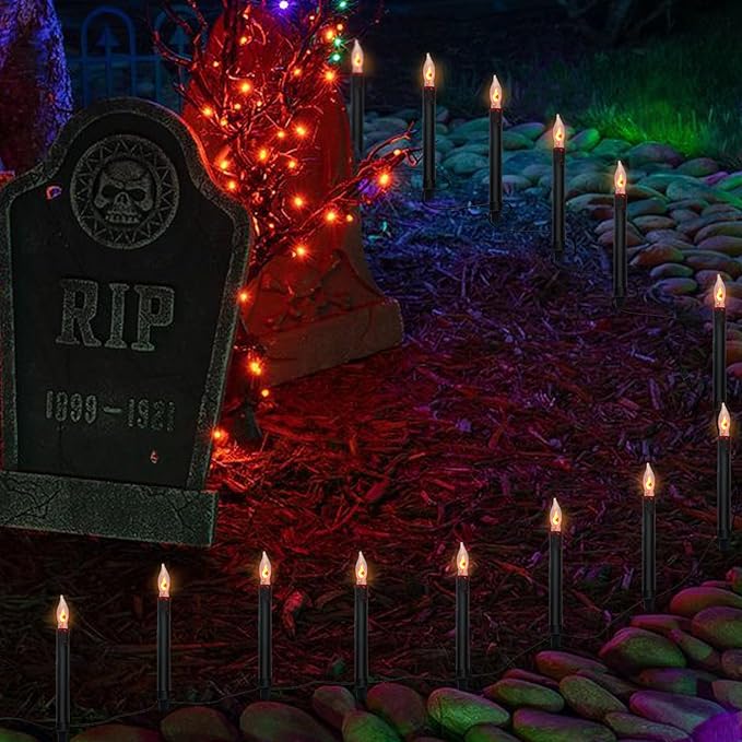 SUNSGNE Halloween Pathway Marker String Lights - 19.5Ft Outdoor Walkway Lights with 10 Black Blood Tears Candle Light Stakes for Lawn, Yard, Sidewalk, Garden Decoration