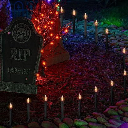 SUNSGNE Halloween Pathway Marker String Lights - 19.5Ft Outdoor Walkway Lights with 10 Black Blood Tears Candle Light Stakes for Lawn, Yard, Sidewalk, Garden Decoration