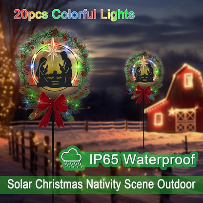 Solar Christmas Nativity Scene Outdoor,Multi Colorful Lights, Christmas Holy Family Yard Decorations,Nativity Set Silhouette Garden Stake