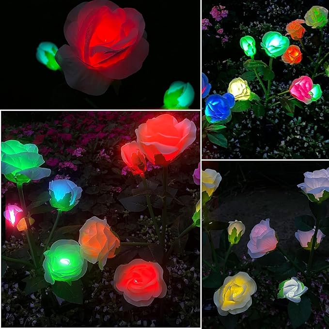 Solar Decorative Stake Rose Flower Lights for Yard Outdoor Porch Garden Memorial Cemetery Backyard Decor Flower Bed Decoration (2 Pack, Blue)