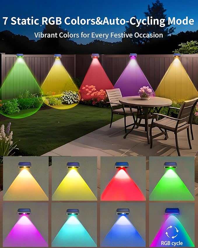 EGOBOO Solar Fence Lights Outdoor Waterproof 12 Pack, 7 Fixed Colors＆RGB Cycling Mode for Holiday Decor, Outside | Lumora