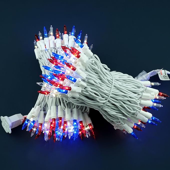 YULETIME 200 Red, White & Blue Christmas Lights, Pack of 2 Sets 33 Feet 100 Count Incandescent-Like LED Mini String Lights (Red, White & Blue - White Wire)