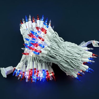 YULETIME 200 Red, White & Blue Christmas Lights, Pack of 2 Sets 33 Feet 100 Count Incandescent-Like LED Mini String Lights (Red, White & Blue - White Wire)