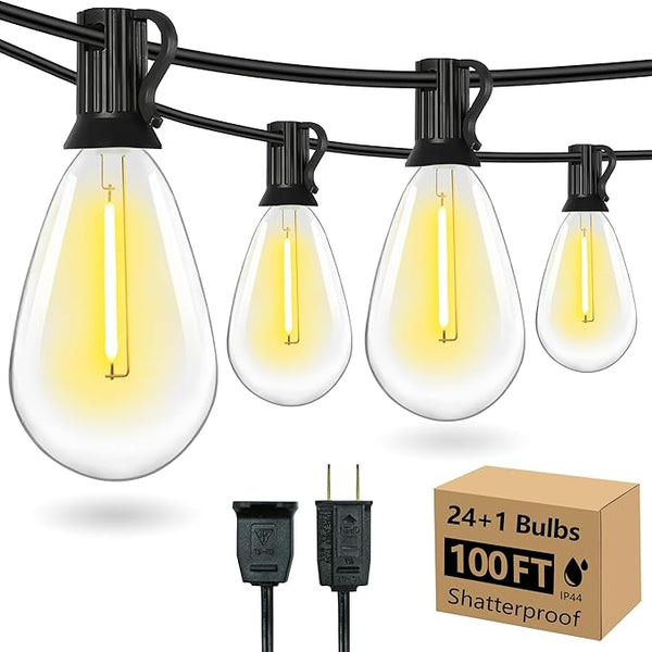 100FT Outdoor String Lights for Outside Patio Lights with 24+1 Shatterproof S14 E12 LED Bulb, 2700K Outside Hanging | Lumora