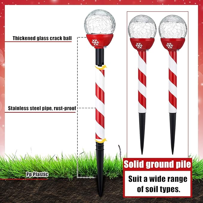 6 Pcs Christmas Solar Pathway Lights Outdoor Stainless Steel Solar Candy Cane Path Torch Lights for Yard Patio Garden Outside Walkway Driveway Landscape Stakes Xmas Outdoor Decorations