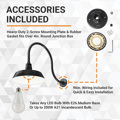 14in. Satin Black Outdoor Gooseneck Barn Light Fixture With 24in. Long Extension Arm - Wall Sconce Farmhouse, Vintage, Antique Style - UL Listed - 9W 900lm A19 LED Bulb (5000K Cool White)