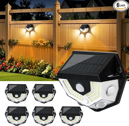 2-in-1 Solar Fence Lights, 270° Wide-Angle Illumination, Motion Sensor Outdoor Lights, 3 Modes, 54 LEDs White Light & 4 LEDs Warm Light, Dusk to Dawn Step Light for Yard, Pathway, Porch, 6 Pack
