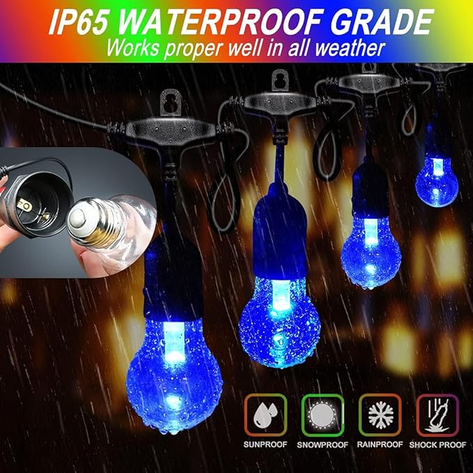 35FT Outdoor String Lights, 16 Shatterproof Edison Bulbs, Dimmable RGB Color Changing Patio Lights with Remote. | Lumora