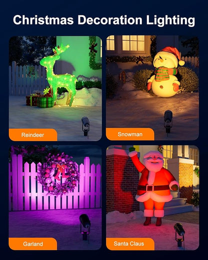 Multi Color Solar Powered Outdoor Spotlights for Christmas Decorations, Reindeer, Santa, Waterproof Landscape Spot Lights for Christmas Tree, Statues, with 15.7ft Cable Separate Panel (4-in-1)