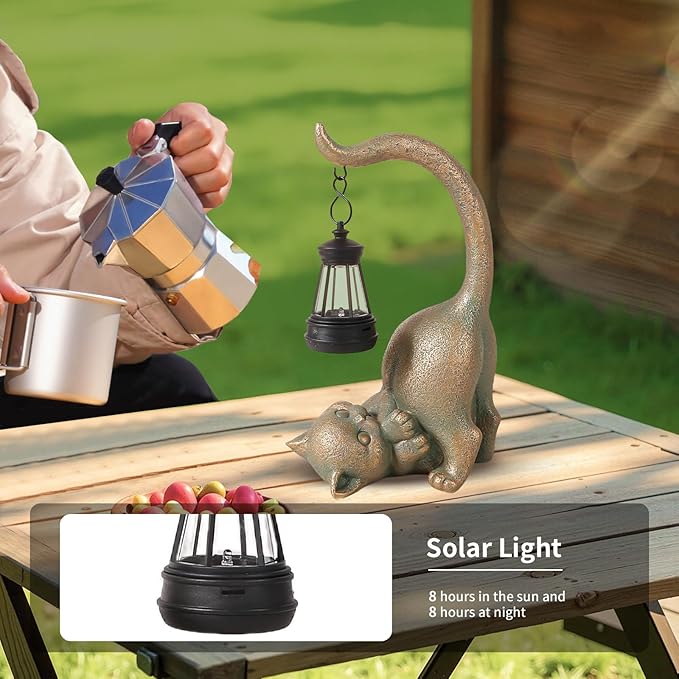 Solar Cat Garden Statue Outside Decor with Lantern for Yard Art Lawn Ornaments Porch Patio Balcony Housewarming Gifts Birthday Gift for Grandma Mom Women Sister Lover