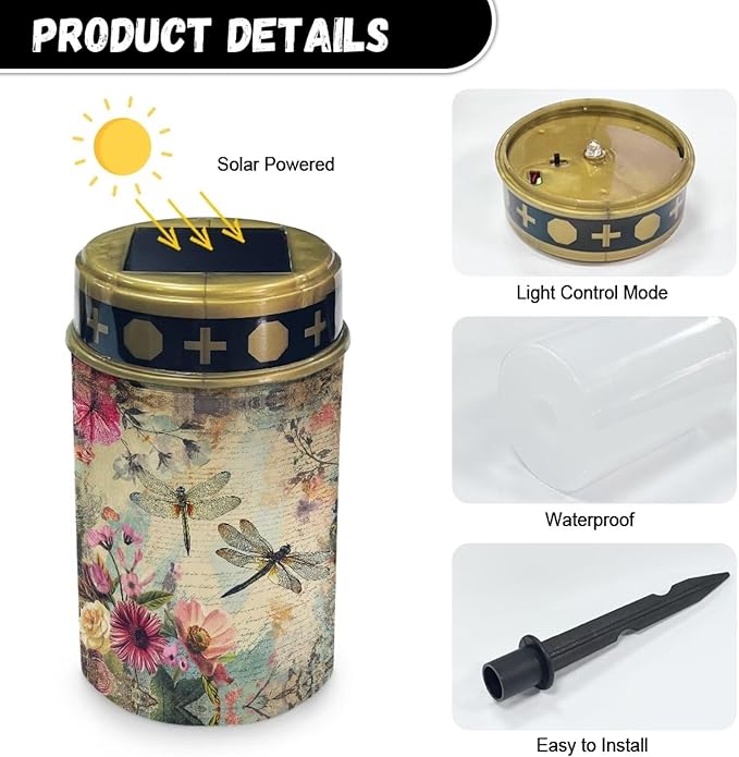 Dragonfly Floral Cemetery Solar Lights for Outside Waterproof Decorative Solar Powered Garden Stake Lights Garden Solar Light Gravesite Decor Decorate Lawn, Patio, Fence, Backyard