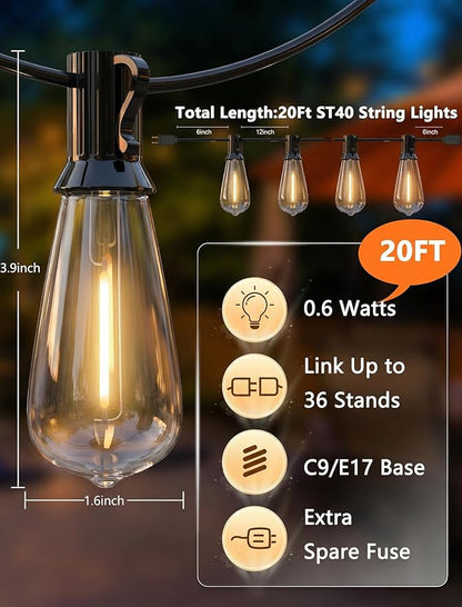 LED Outdoor Lights for Patio 20Ft, Waterproof Patio String Lights with 22 ST40 LED Edison Bulbs for Deck, Garden, Backyard,House, E17 Base, 2700K Dimmable, Vintage String Lights- Black Wire