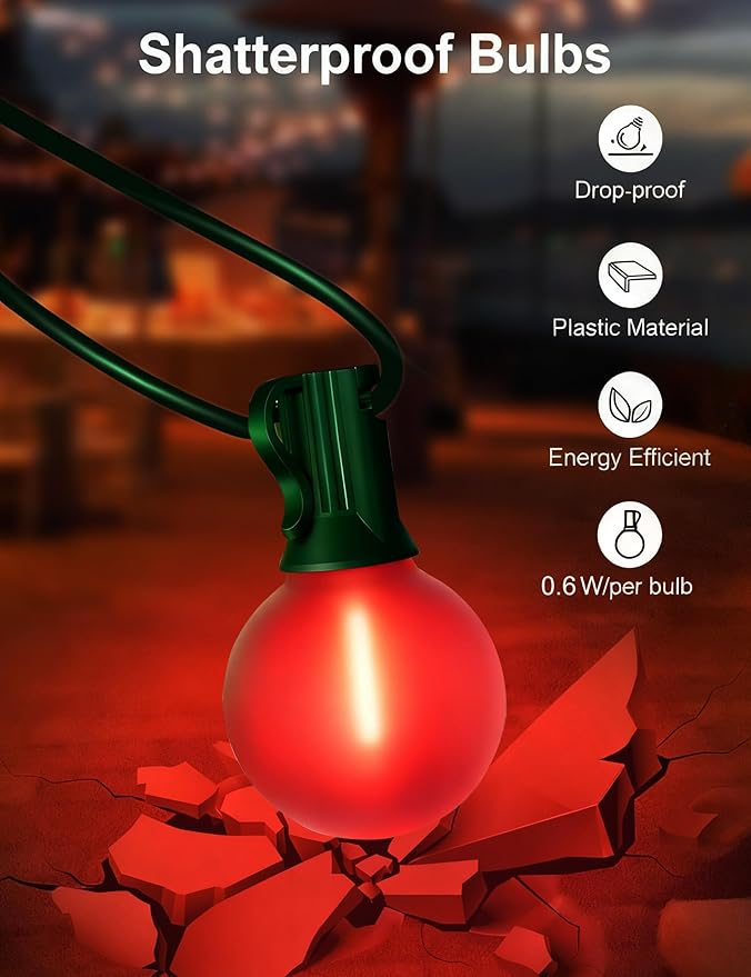 50Ft G40 Outdoor Christmas Lights, LED G40 Colored Christmas Lights with 27 Shatterproof Frosted Globe Light Bulbs(2 Spare) for Holiday Gifts Bistro Balcony Roofline Garden Decor-Red and Green