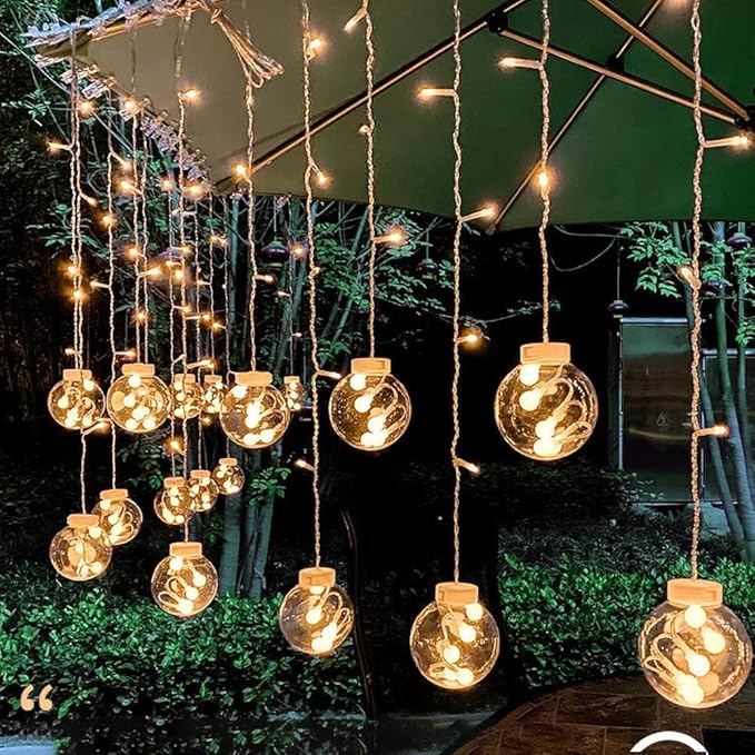 Solar Wishing Ball Fairy Curtain Lights, Waterproof 8 Modes Flashing String Lights with Remote Control for Bedroom, Christmas, Wedding, Party Decoration (Warm White)