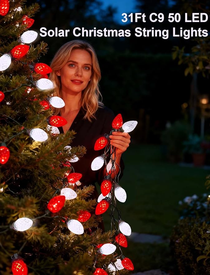C9 Ultra Bright Solar Christmas Lights 50 LED Red White String Lights Strawberry Flower Design Outdoor Waterproof with 8 Modes for Valentine's Day Wedding Centerpiece Decoration